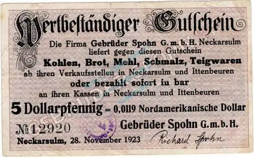 Neckarsulm , Notgeld 5 Dollar Pfennig Schein gbr. Müller 3425.6 , Württemberg 1923 Wertbeständig