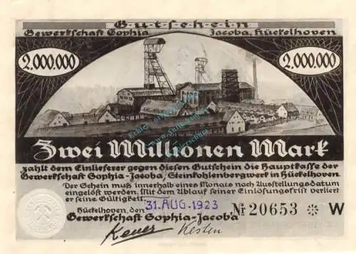 Hückelhoven , Banknote 2 Millionen Mark Schein unc-kfr. Keller 2456.a Rheinland 1923 Inflation
