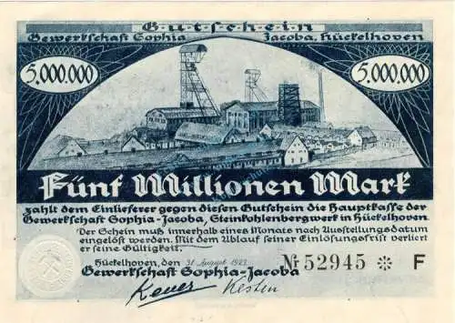 Hückelhoven , Banknote 5 Millionen Mark Schein unc-kfr. Keller 2456.b Rheinland 1923 Inflation