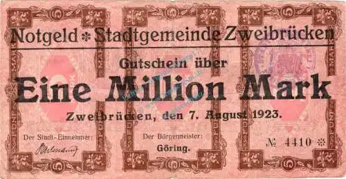 Zweibrücken , Banknote 1 Million Mark Schein gbr. Geiger 582.W.5 , Pfalz 1923 Inflation