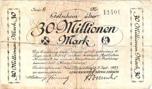 Recklinghausen , Banknote 30 Millionen Mark Schein gbr. Keller 4465.h , Westfalen 1923 Inflation
