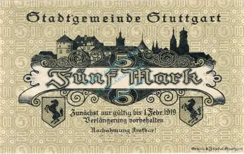 Stuttgart , Banknote 5 Mark Schein unc-kfr. Geiger 515.01.b , Würrtemberg 1919 Grossnotgeld