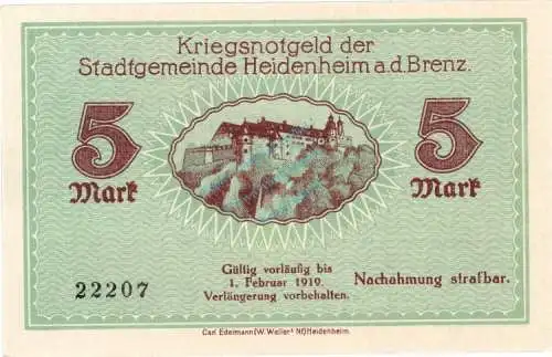Heidenheim , Banknote 5 Mark Schein unc-kfr. Geiger 227.01.b , Würrtemberg 1918 Grossnotgeld