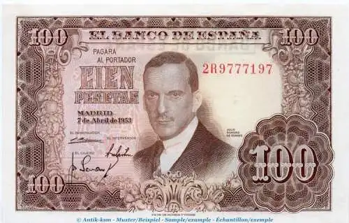Banknote Spanien , 100 Pesetas Schein 1953 -Juan Romero- unc-kfr WPM.145
