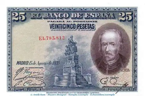 Banknote Spanien , 25 Pesetas Schein 1928 -Pedro Calderón- unc-kfr WPM.74.c