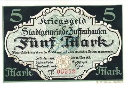 Zuffenhausen , Banknote 5 Mark Schein unc-kfr. Geiger 581.01.a , Würrtemberg 1918 Grossnotgeld