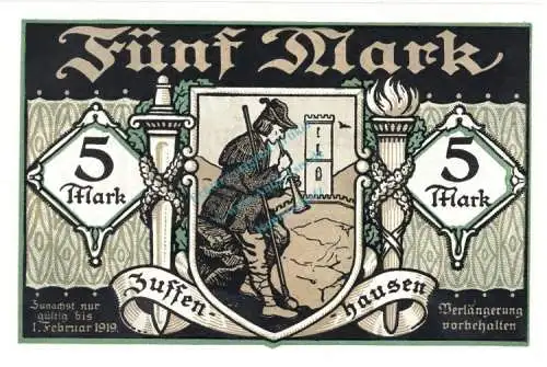 Zuffenhausen , Banknote 5 Mark Schein unc-kfr. Geiger 581.01.a , Würrtemberg 1918 Grossnotgeld