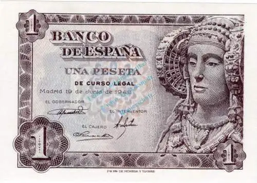 Banknote Spanien , 1 Peseta Schein 1948 -Dama de Elche- unc-kfr P.135