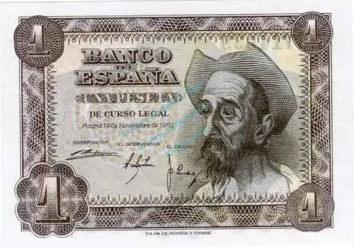 Banknote Spanien , 1 Peseta Schein 1951 -Don Quijote- unc-kfr WPM.139