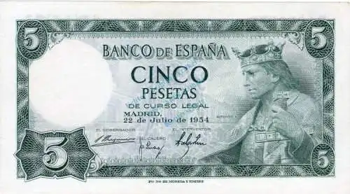 Banknote Spanien , 5 Pesetas Schein 1954 -King Alfonso X- unc-kfr WPM.146