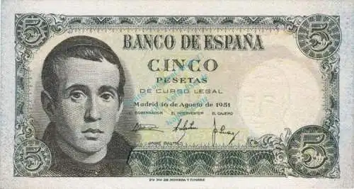 Banknote Spanien , 5 Pesetas Schein 1951 -Jalme Bailes- unc-kfr WPM.140