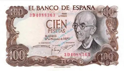 Banknote Spanien , 100 Pesetas Schein 1970 -Manuel de Falla- unc-kfr WPM.152