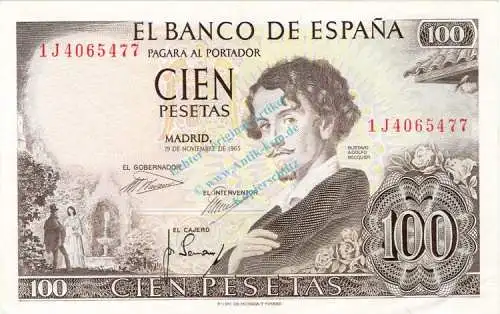 Banknote Spanien , 100 Pesetas Schein 1965 -Gustavo Adolfo Becquer- unc-kfr WPM.150