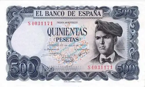Banknote Spanien , 500 Pesetas Schein 1971 -Jacinto Verdaguer- unc-kfr WPM.153