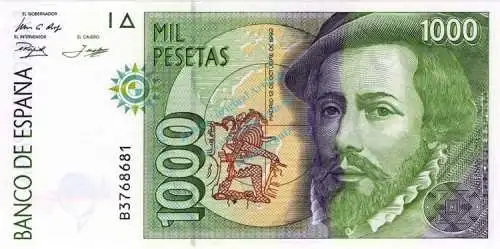 Banknote Spanien , 1.000 Pesetas Schein -B- 1992 -Hernán Cortés- unc-kfr WPM.163