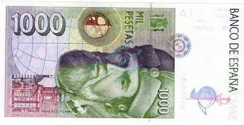 Banknote Spanien , 1.000 Pesetas Schein -B- 1992 -Hernán Cortés- unc-kfr WPM.163