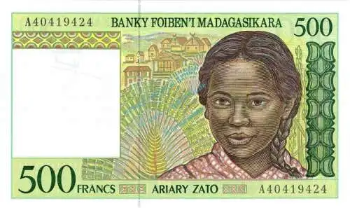Banknote Madagaskar , 500 Francs Schein o.D. -Girl right- unc-kfr WPM.75