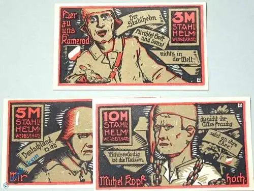 Notgeld Hamburg , Stahlhelm , Set mit 3 Scheinen , Mehl Grabowski 554.1 , Hamburg Serien Notgeld