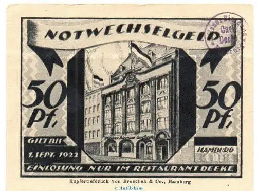 Notgeld Carl Deeke Hamburg 520.1.a , 50 Pfennig mit Stempel in kfr. o.D. , Hamburg Seriennotgeld