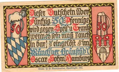 Hamburg , Notgeld 50 Pfennig Schein unc-kfr. M-G 545.2 , Hamburg o.D. Seriennotgeld