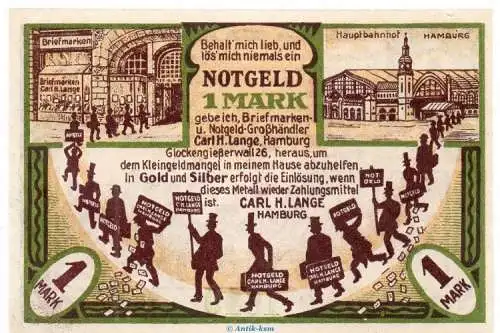 Notgeld Carl H. Lange Hamburg 542.1.a , 1 Mark Schein in kfr. o.D. , Hamburg Seriennotgeld