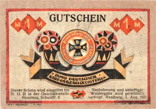 Hamburg , Notgeld 1 Mark Schein --Datum-- unc-kfr. M-G 518... Hamburg 1921 Seriennotgeld
