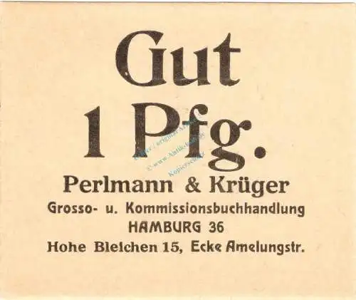 Hamburg , Notgeld 1 Pfennig Schein unc-kfr. Ti.2765.375.01 , Hamburg o.D. Verkehrsausgabe