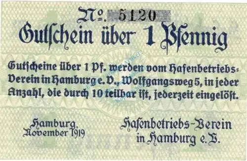 Hamburg , Notgeld 1 Pfennig Schein unc-kfr. Ti.2765.145.01 , Hamburg 1919 Verkehrsausgabe