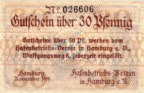 Hamburg , Notgeld 30 Pfennig Schein unc-kfr. Ti.2765.145.05 , Hamburg 1919 Verkehrsausgabe