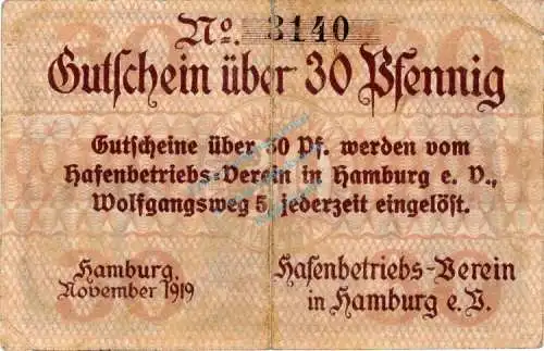 Hamburg , Notgeld 30 Pfennig Schein gbr. Ti.2765.145.02 , Hamburg 1919 Verkehrsausgabe