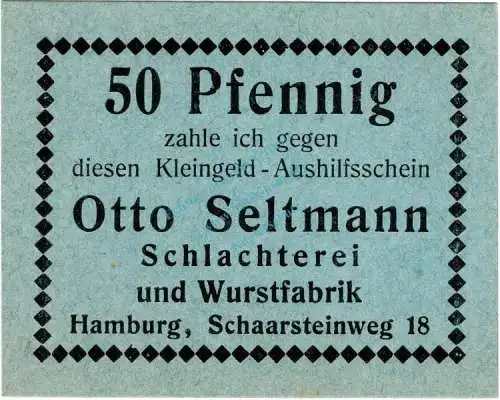 Hamburg , Notgeld 50 Pfennig Schein unc-kfr. Ti.2765.440.01 , Hamburg o.D. Verkehrsausgabe