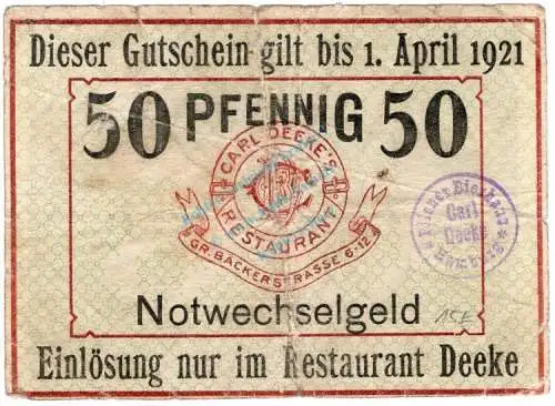 Hamburg , Notgeld 50 Pfennig Schein gbr-. Ti.2765.095.01 , Hamburg o.D. Verkehrsausgabe