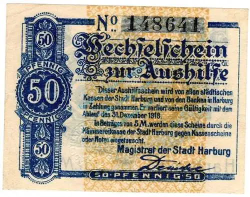 Harburg , Notgeld 50 Pfennig Schein gbr. Ti.2805.30.01 , Niedersachsen 1917 Verkehrsausgabe
