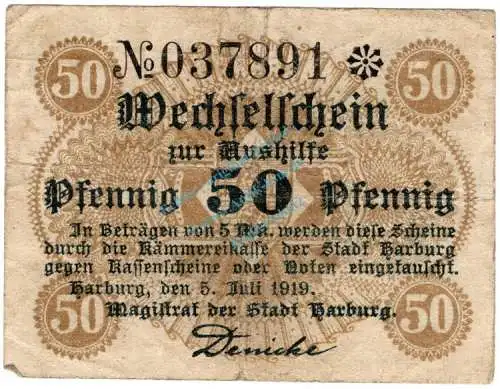 Harburg , Notgeld 50 Pfennig Schein gbr. Ti.2805.30.05 , Niedersachsen 1919 Verkehrsausgabe