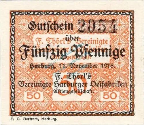 Harburg , Notgeld 50 Pfennig Schein unc-kfr. Ti.2805.35.02 , Niedersachsen 1918 Verkehrsausgabe