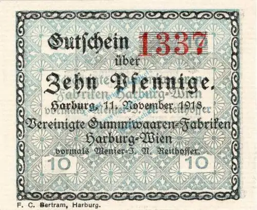 Harburg , Notgeld 10 Pfennig Schein unc-kfr. Ti.2805.40.01 , Niedersachsen 1918 Verkehrsausgabe