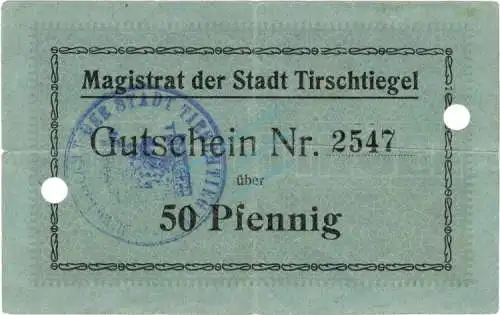 Tirschtiegel , Notgeld 50 Pfennig Schein gbr.E Diessner 401.a , Posen o.D. Notgeld 1914-15