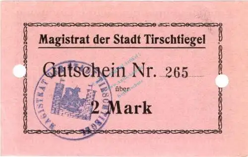 Tirschtiegel , Notgeld 2 Mark Schein unc-kfr.E Diessner 403.a , Posen o.D. Notgeld 1914-15