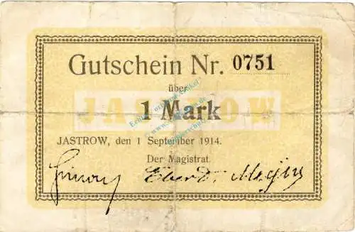 Jastrow , Notgeld 1 Mark Schein gbr. Diessner 165.2 , Westpreussen 1914 Notgeld 1914-15
