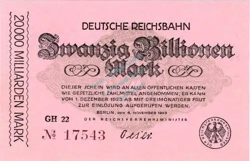 Banknote , 20 Billionen Mark Schein unc-kfr. M-G.29.h, RVM-19, S.1031, Reichsbahn 1923