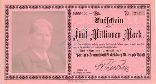 Kösen , Banknote 5 Millionen Mark Schein unc-kfr. Keller 2778 , prov. Sachsen 1923 Inflation