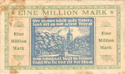 Genthin , Banknote 1 Million Mark Schein gbr. Keller 1722 , prov. Sachsen 1923 Inflation