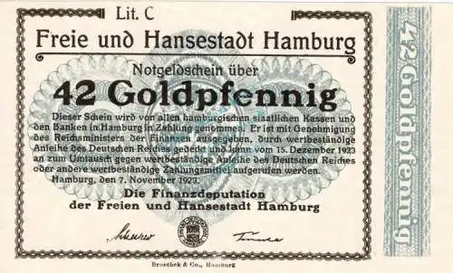 Hamburg , Banknote 42 Goldpfennig -o.KN- unc-kfr. Müller 2310.2.a , Hamburg 1923 Wertbeständig