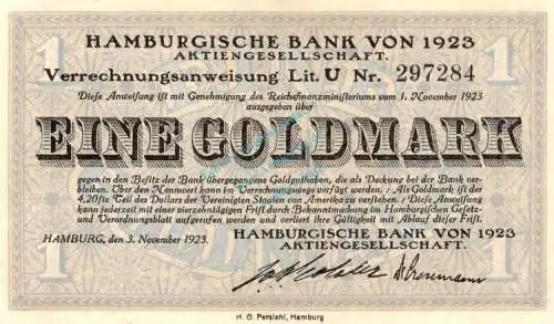 Hamburg , Banknote 1 Goldmark Schein unc-kfr. Müller 2365.11.a , Hamburg 1923 Wertbeständig