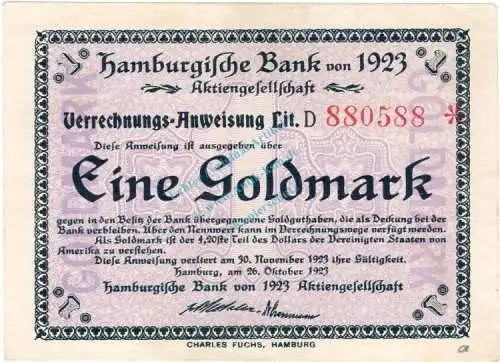 Hamburg , Banknote 1 Goldmark Schein unc-kfr. Müller 2365.4 , Hamburg 1923 Wertbeständig