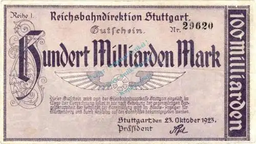 Stuttgart , Banknote 100 Milliarden Mark Schein in gbr. Keller 4926.h , Württemberg 1923 Inflation