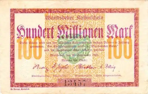 Wandsbek , Banknote 100 Millionen Mark Schein gbr. Keller 5448.c , Schleswig 1923 Inflation