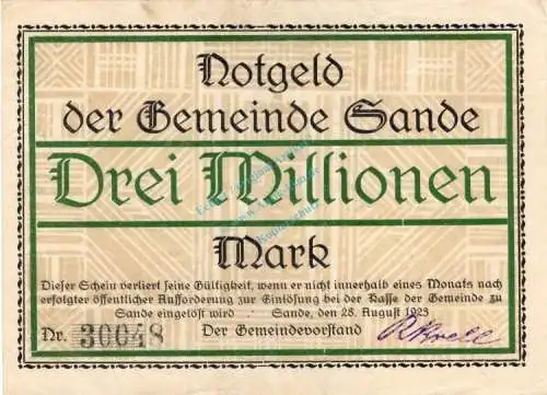 Sande , Banknote 3 Millionen Mark Schein gbr. Keller 4700.c , Schleswig 1923 Inflation