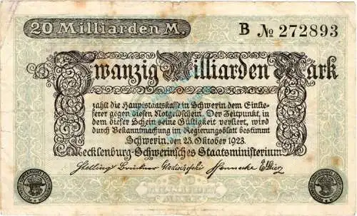 Schwerin , Banknote 20 Milliarden Mark Schein gbr. Keller 3491.h , Mecklenburg 1923 Inflation
