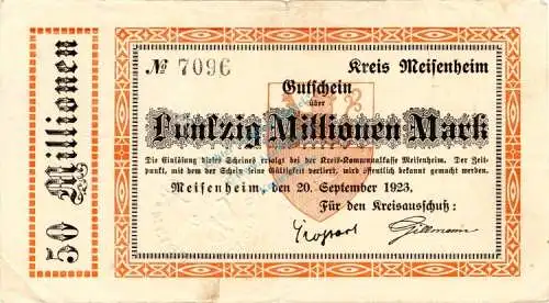 Meisenheim , Banknote 50 Millionen Mark Schein in gbr. Keller 3504.h , Rheinland 1923 Inflation